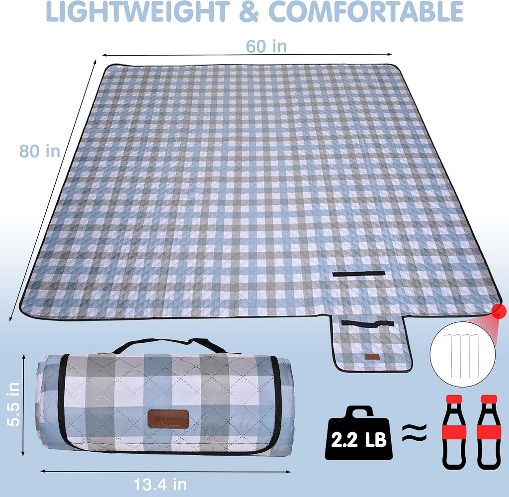 HX&OD Outdoor Picnic Blanket, Extra Large, 80''x60'' Waterproof Foldable Blankets Gingham Picnic Mat for Beach, Camping Grass Lawn Park Accessories Cute Couple Ideas Wedding (Coffee Color, 80”x60”)