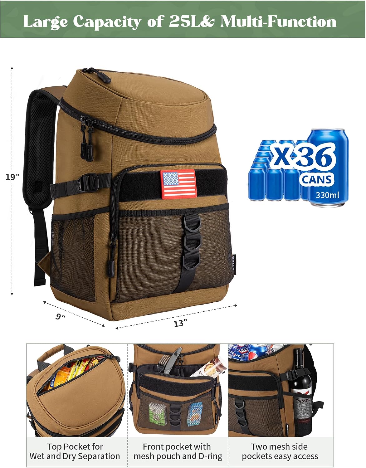JOYHILL Backpack Cooler, Cooler Backpack 36 Cans/25 L Tactical Insulated Soft Cooler Bag Large Capacity Leakproof Cooler for Men Women, Travel Backpack for Camping Hiking Picnic Beach