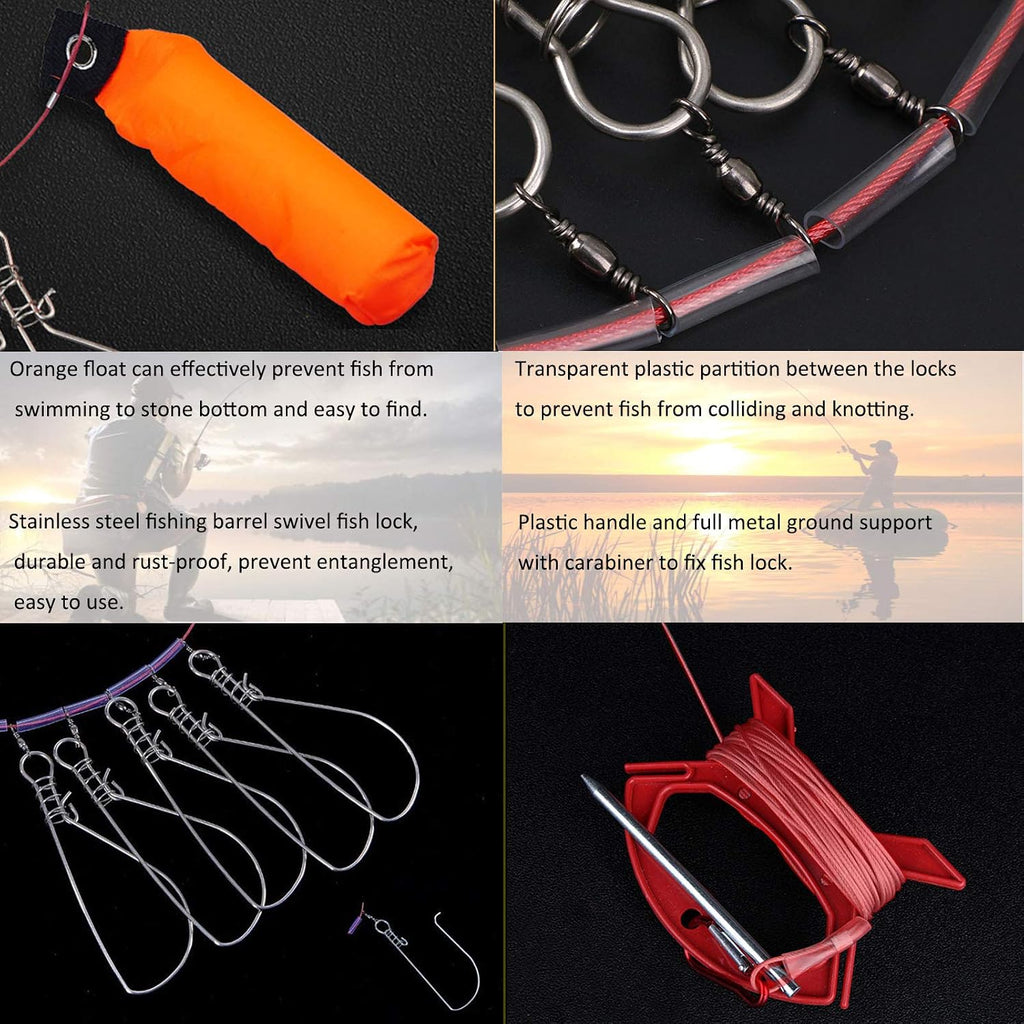 Fish Stringer, Fishing Stringer Clip Live Fish Lock, with High Strength Snaps/Buckles, Big Fish Wire Rope Cable Fishing Holder Kit with Float and Plastic Handle