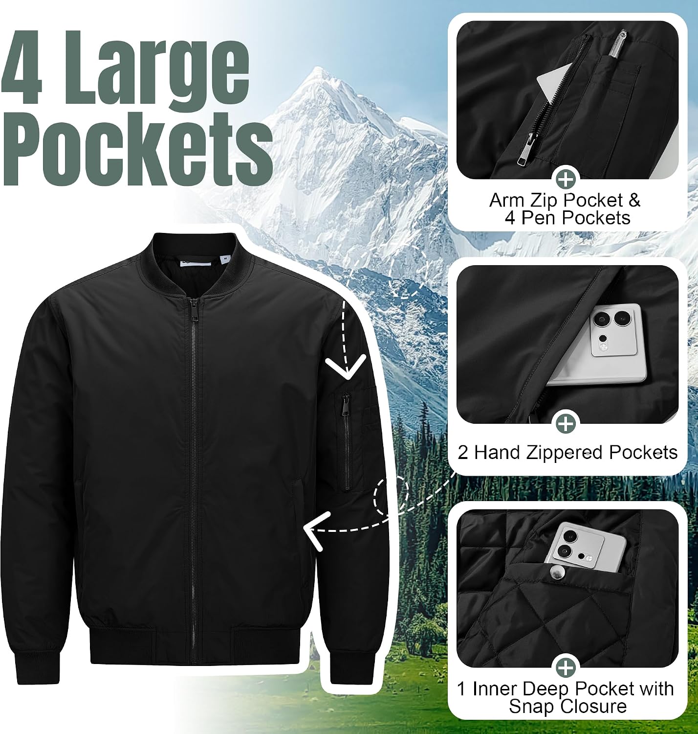 33,000ft Men's Bomber Jacket Lightweight Zip Up Waterproof Windbreaker