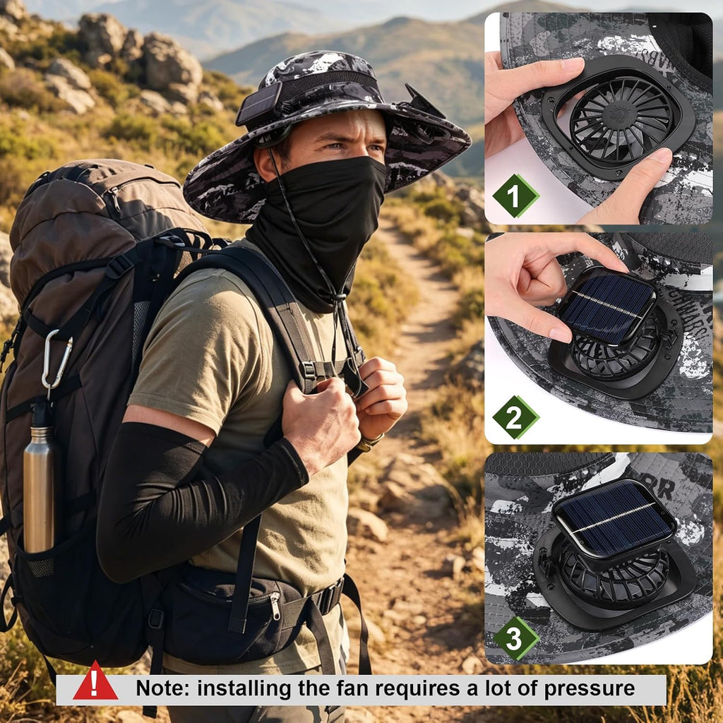 Syhood Solar Powered Fan Hat Neck Gaiter Arm Sleeves Sun Bucket Hat with Fan Cooling Wide Brim Hats for Fishing Hiking