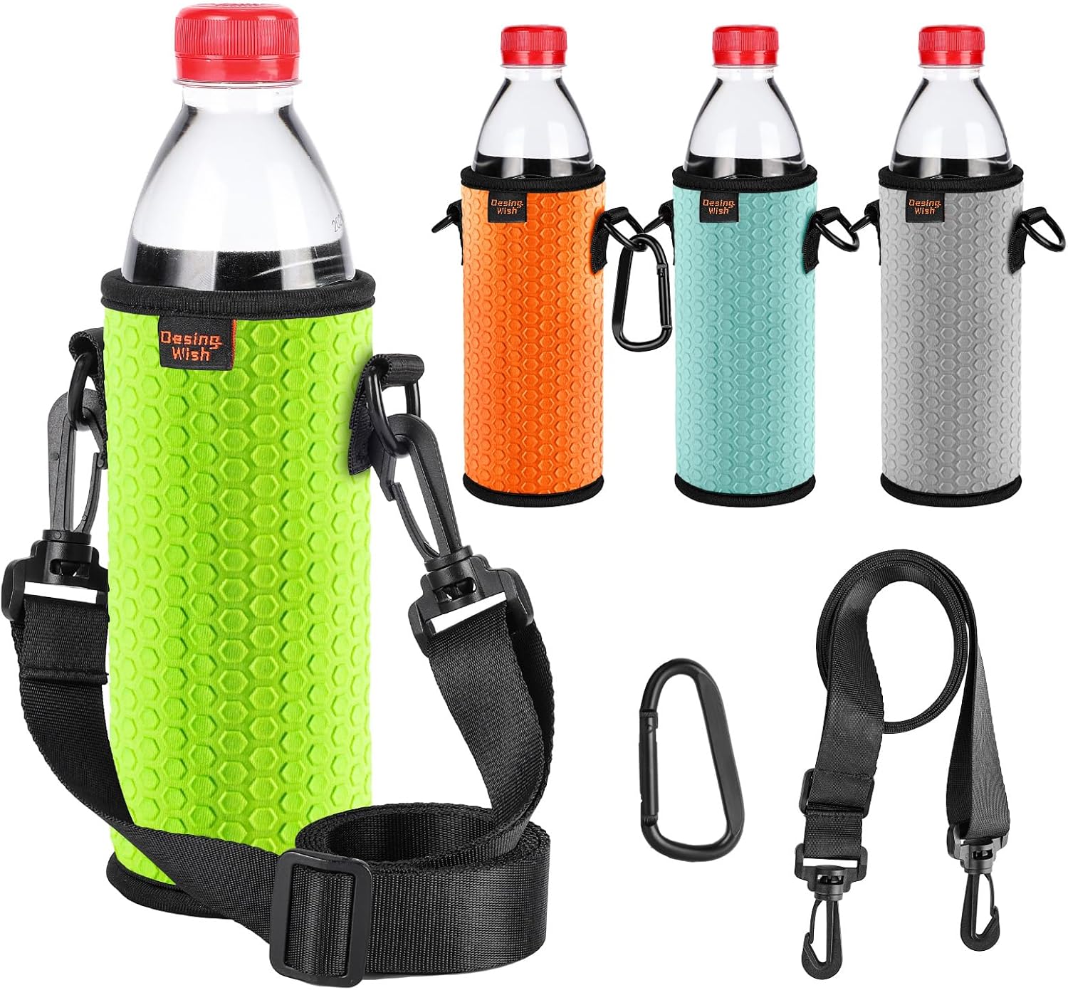 Portable 16.9 oz Plastic Bottles Insulators Sleeves 16 17 18 oz Beverage Bottle/Can Sleeves Holder with Shoulder Strap Plastic Bottle Sleeves Coolers 4 PCS (Orange/Green/Cyan/Grey)