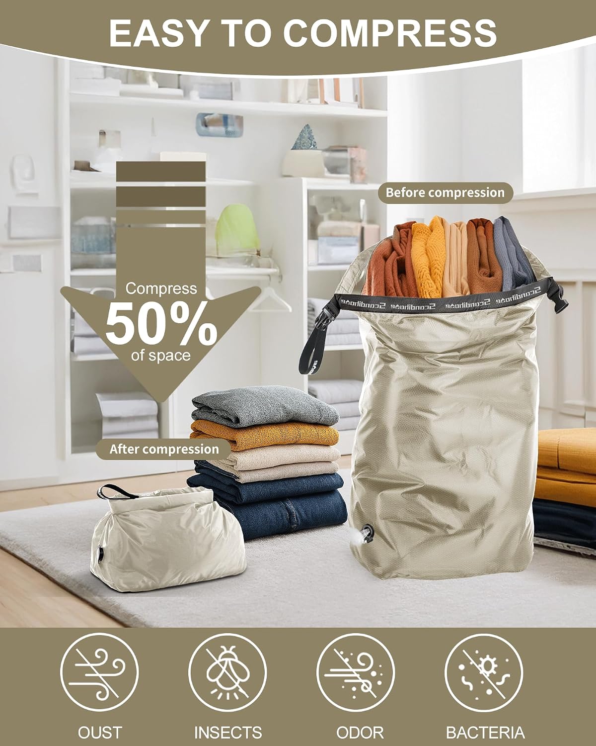 Travel Laundry Bag, Pump-Free Vacuum Compression Dirty Clothes Bag, Medium Reusable Waterproof & Washable Laundry Bag, Wet and Dry Bag, Ideal for Suitcases, Laundromats (1 Pack) Gray