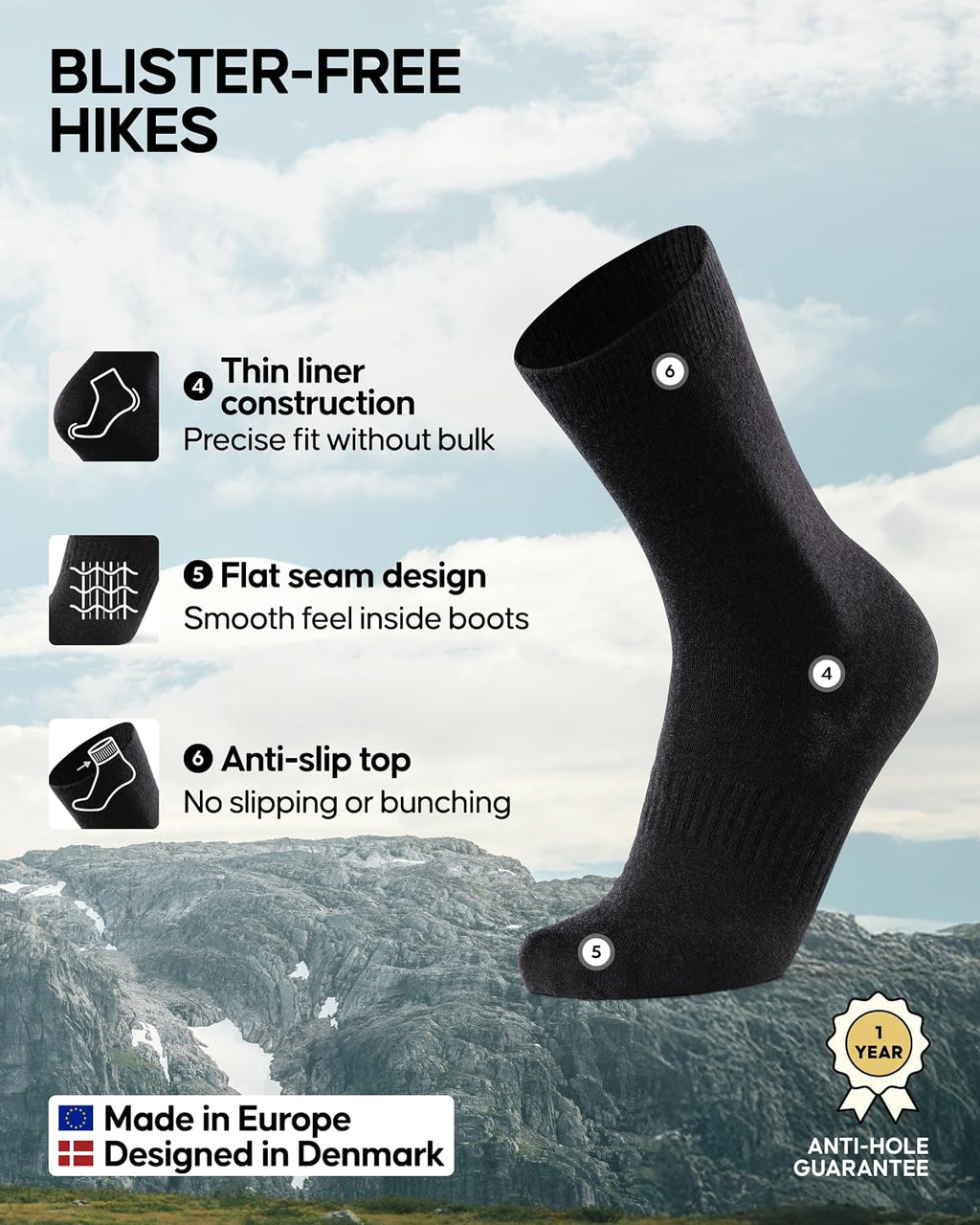 DANISH ENDURANCE Hiking Liner Socks, 2 & 4-Pack, Black, Medium