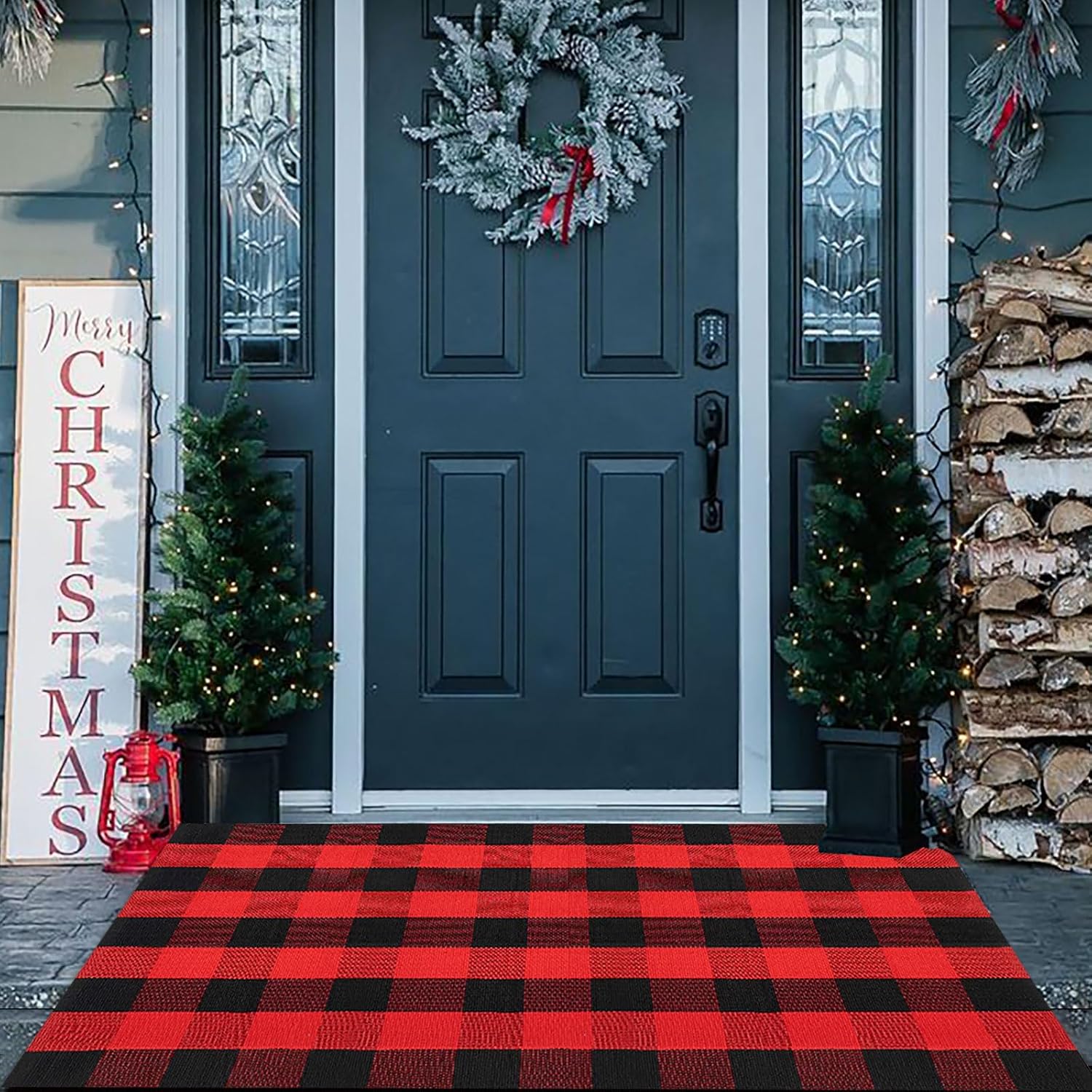 Christmas Door Mat Outdoor 35.4''x59'' Buffalo Plaid Christmas Decor Rug Cotton Hand-Woven Layered Door Mats Washable Carpet for Front Porch, Kitchen, Farmhouse, Entryway