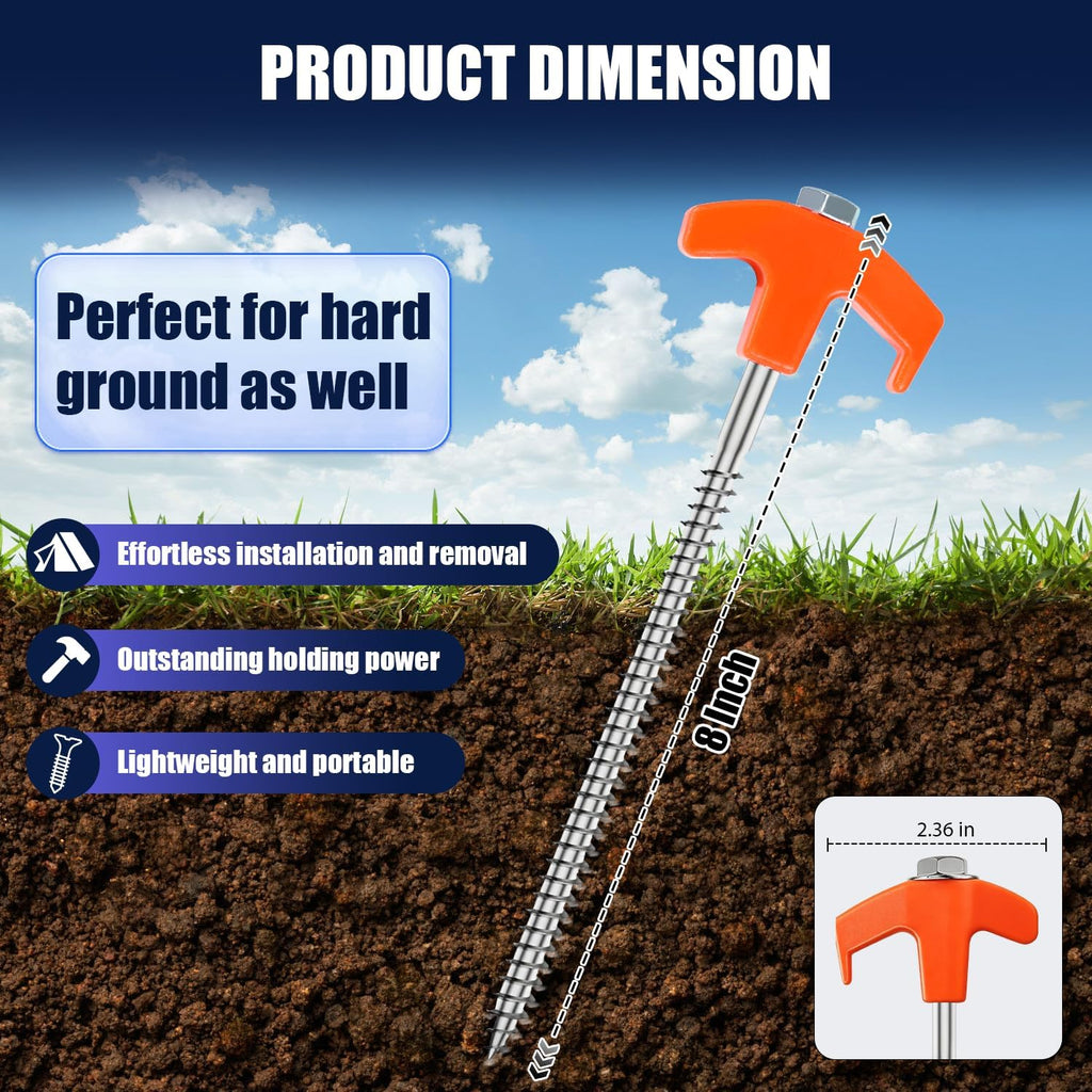 AOVFOREST 20 Pack Screw in Tent Stakes Heavy Duty, 8 Inch Ground Anchors Screw in, Metal Threaded Camping Stakes with Hex Head Driver, Shatterproof Large Head Pegs for Canopies,Inflatables,Tents