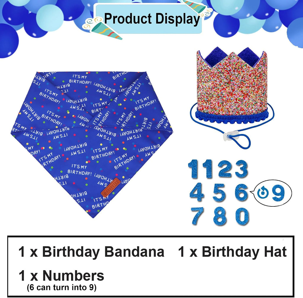 ADOGGYGO Boy Dog Birthday Hat, It's My Birthday Bandana Set, Blue, Small