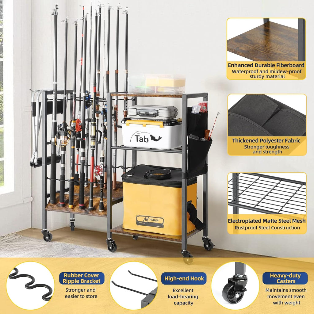 Olakee Fishing Rod Holders, Rolling Fishing Rod Rack for Garage & Boat, Tackle Box & Reel Holder Cart, Easy Assembly Fishing Gear Management System, Ideal Birthday Gift for Men Dad Anglers