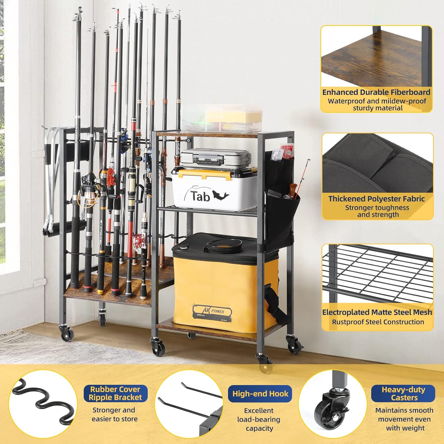 Olakee Fishing Rod Holders, Rolling Fishing Rod Rack for Garage & Boat, Tackle Box & Reel Holder Cart, Easy Assembly Fishing Gear Management System, Ideal Birthday Gift for Men Dad Anglers