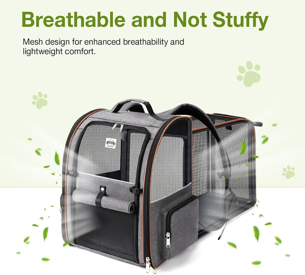 Cat Carrier Backpack, Expandable Pet Carrier with Sun Shade & Full Front Opening, Breathable Mesh Backpack for Small Dogs & Medium Cats Up to 18 Lbs, Foldable for Hiking, Camping (Grey)