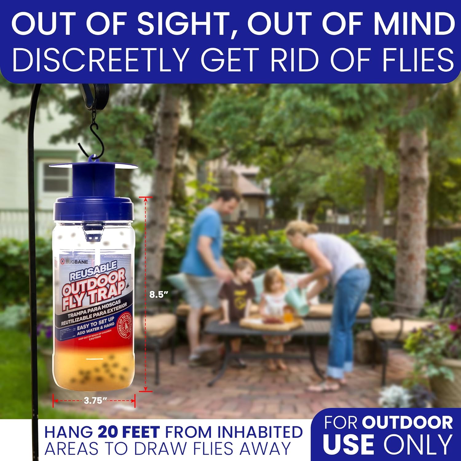 2 Fly Traps Outdoor Fly Trap for Patio with 4 Non-Toxic Dissolvable Bait Refills. Reusable Hanging Bug Catcher Killer for All Filth Flies for Outside Bug Control Yard Ranch. Hanging Chains Included.