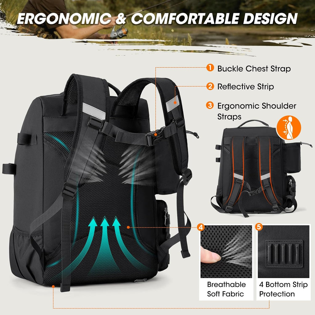 RAINSMORE Fishing Backpack 40L Tackle Backpack with Rod Holders & Cooler