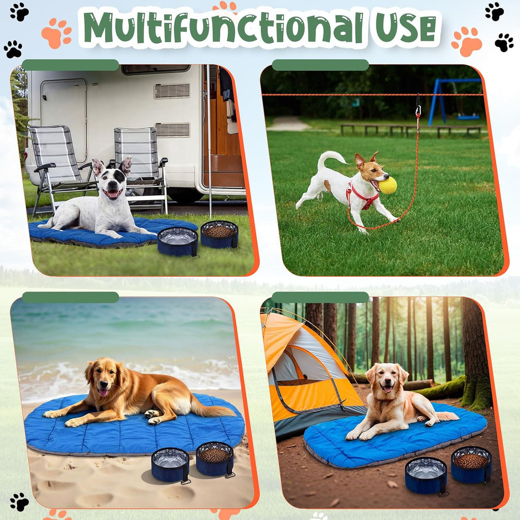 4 Pcs Dog Camping Essentials Set Include 1 Pack 39.4 x 29.5 Inch Foldable Dog Bed 2 Pcs Portable Collapsible Dogs Bowls 1 Pack 50 ft Heavy Duty Pet Tie Out Cable for Camping Travel Outdoor Activities