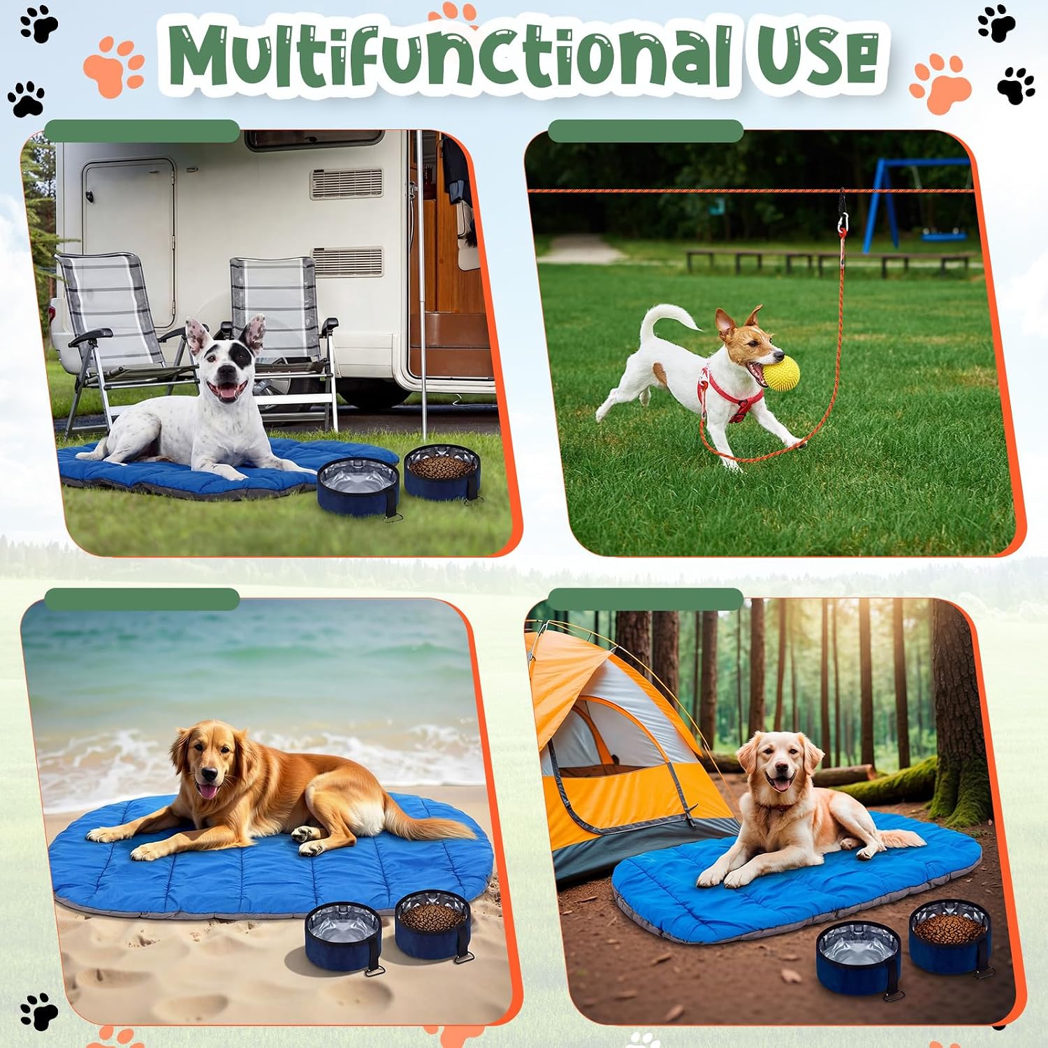 4 Pcs Dog Camping Essentials Set Include 1 Pack 39.4 x 29.5 Inch Foldable Dog Bed 2 Pcs Portable Collapsible Dogs Bowls 1 Pack 50 ft Heavy Duty Pet Tie Out Cable for Camping Travel Outdoor Activities