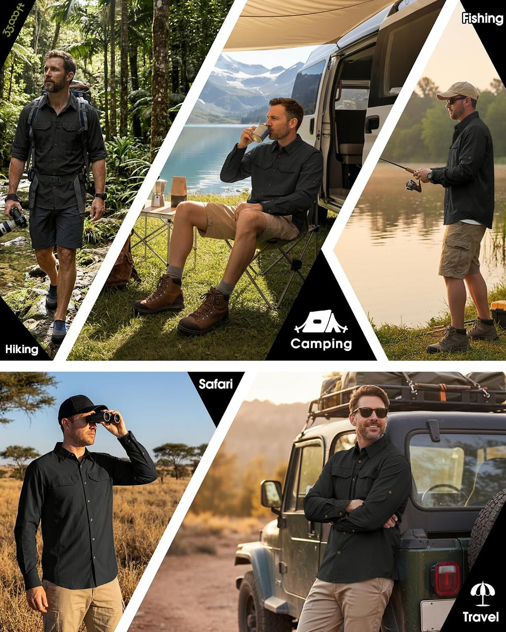 33,000ft Men's Long Sleeve Hiking Shirts Lightweight Quick Dry Sun Protection UV UPF 50 Fishing Shirt Outdoor Safari Travel