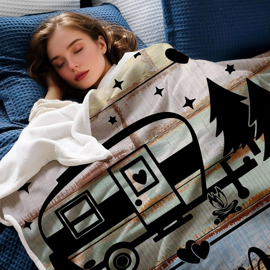Camper Throw Blankets, Soft Warm Flannel Throws Cover for Couch, Chair, Sofa, Bed, Outdoor, Inside, Beach, Travel Decor