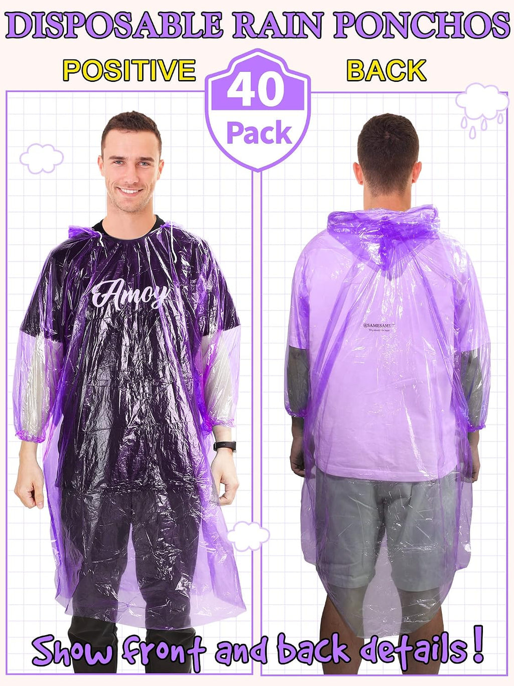 Tarpop 40 Pack Disposable Rain Ponchos Adult Drawstring Hood