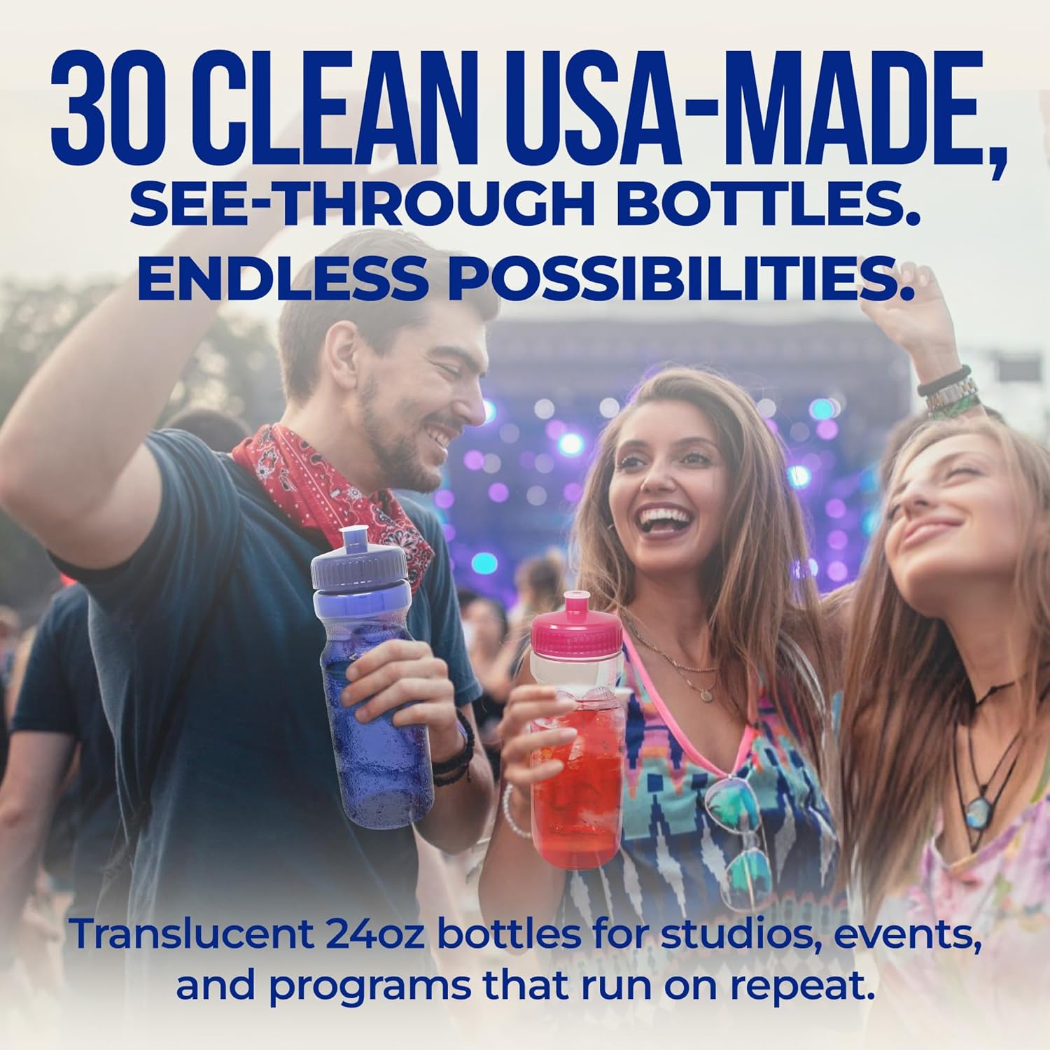 Rolling Sands Reusable Bulk Water Bottles 30 Pack - 24 Oz Sports Water Bottles, USA Made, BPA-Free, Wide Mouth for Easy Cleaning, Break Resistant - Translucent Clear Bottle/Yelow Lid