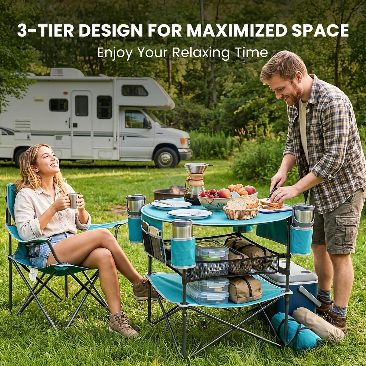 FUNDANGO Folding Beach Table, 3-Tier Removable Mesh Shelf, 4 Cup Holders