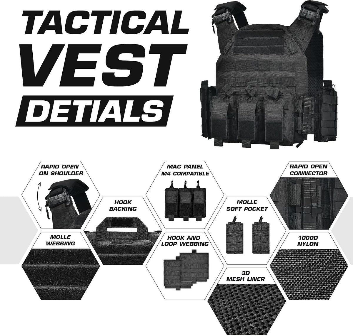 GFIRE Tactical Vest, Quick Release Lightweight Breathable Vest for Training