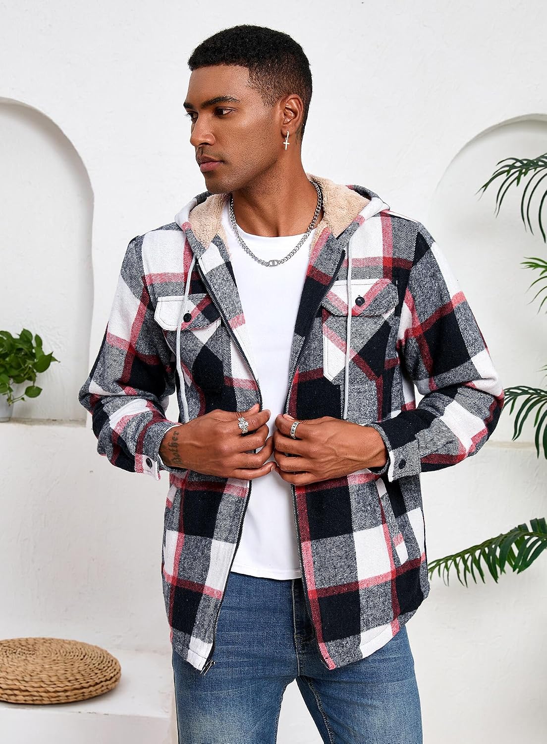 Men's Zip Up Flannel Shirt Jacket Fleece Lined with Hood