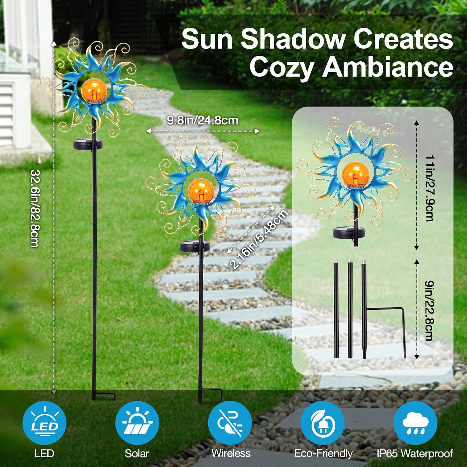 Solar Lights Outdoor Garden Decor, Blue Metal Sun Crackle Glass Globe Stake Waterproof 30LED Decorations Unique Gifts for Women,Mom,Outside, Patio,Lawn,Yard,Pathway