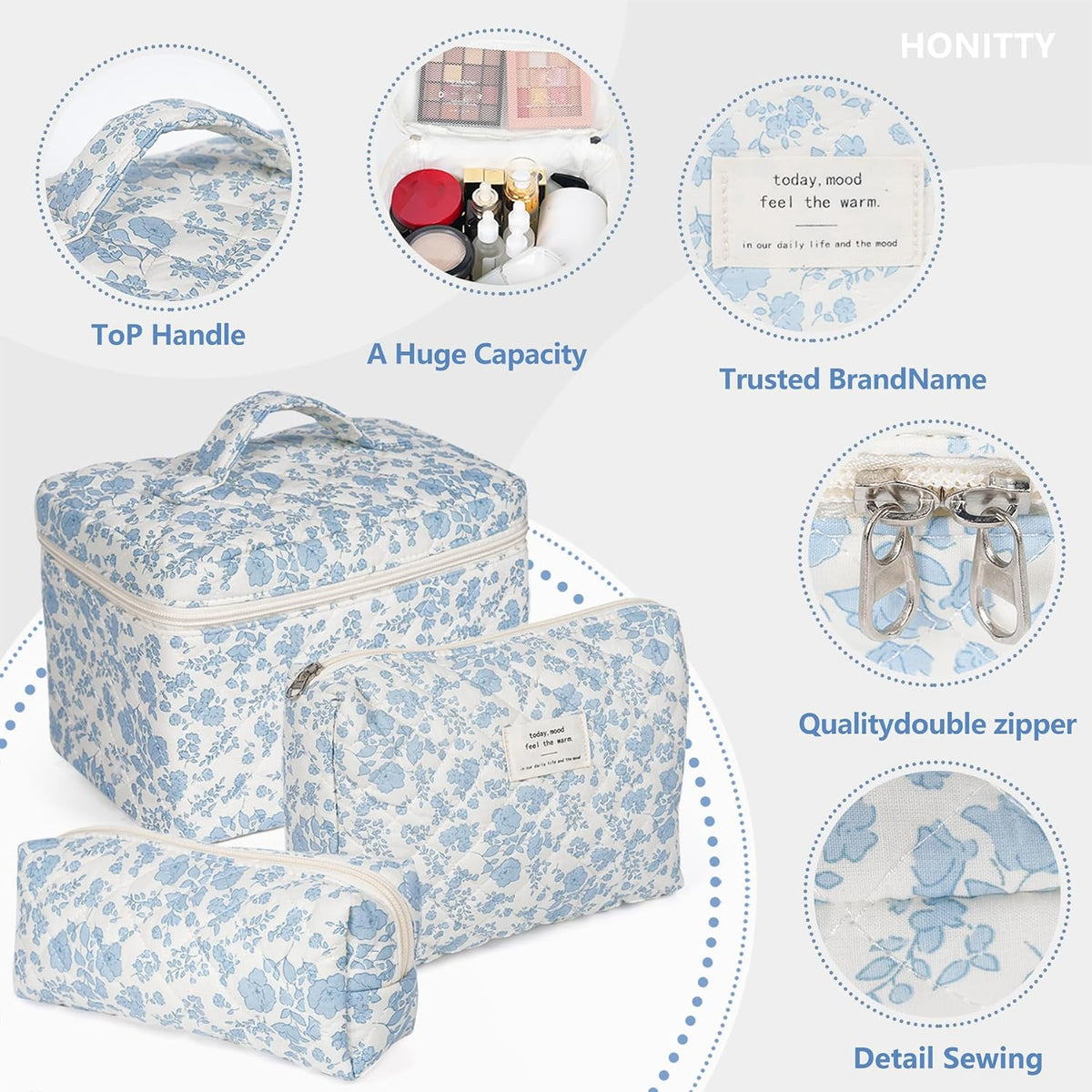 Makeup Bag,Quilted Cosmetic Bag,Large Floral Make Up Bag for Women,Cotton Makeup Bag Set,Flower Travel Toiletry Bag