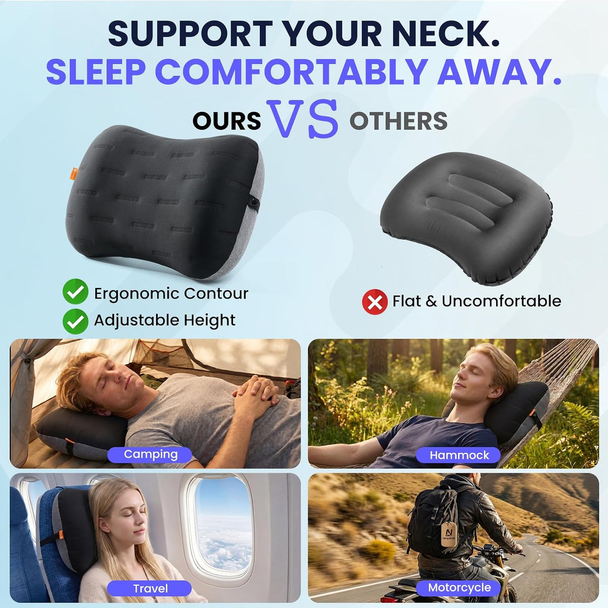 Inflatable Camping Pillow - Ultralight Compact Air Pillow for Travel, Backpacking & Hiking - Ergonomic Neck & Lumbar Support - Portable Inflatable Pillow with Removable Washable Cover - (Black)