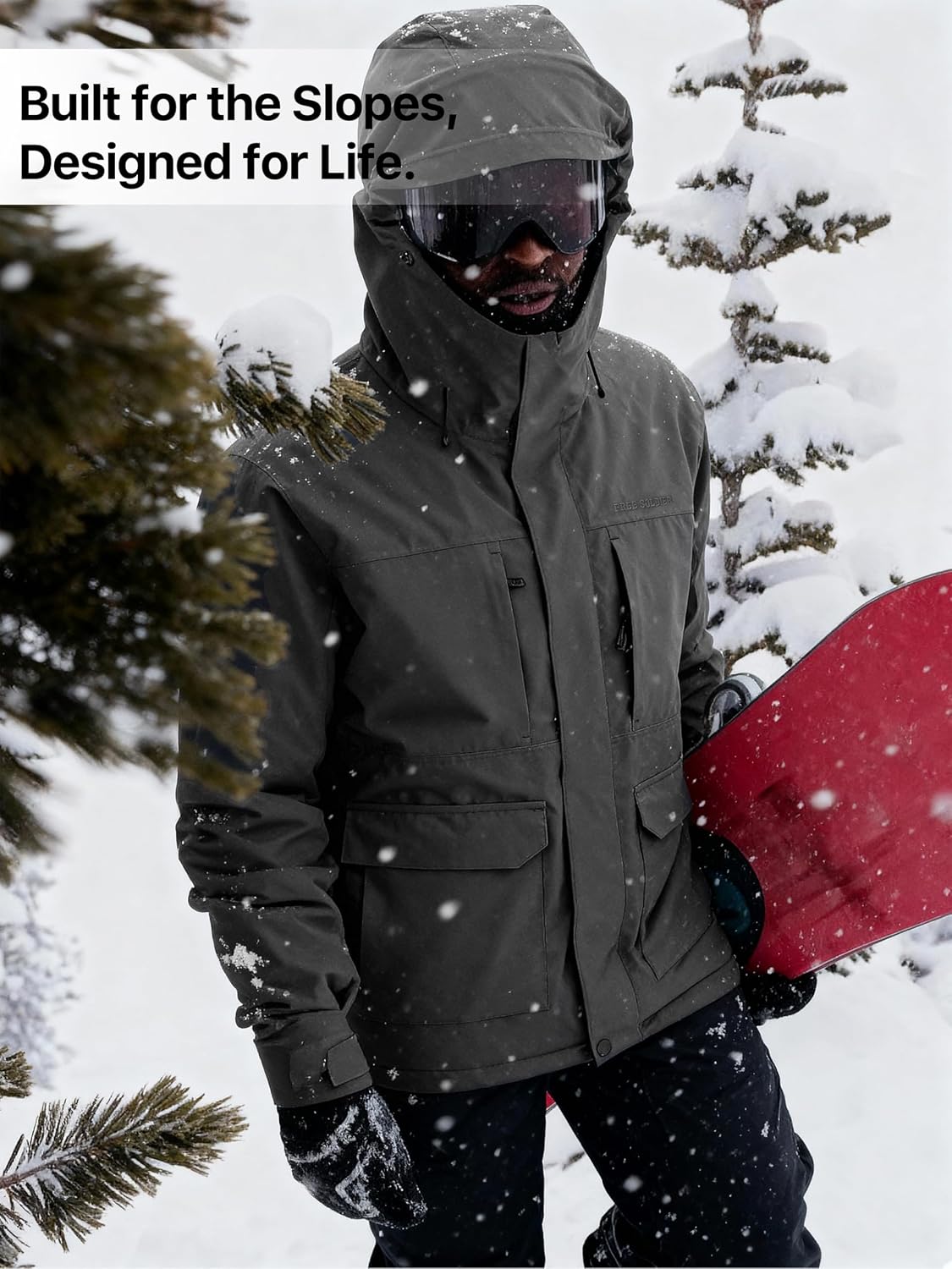 FREE SOLDIER Men's Waterproof Ski Jacket Fleece Lined Warm Winter Snow Coat with Hood Fully Taped Seams