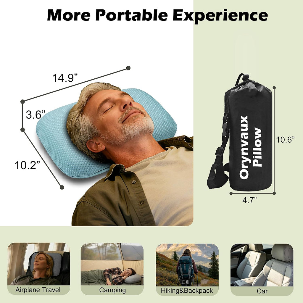 Cooling Travel Pillow, Small Memory Foam Camping Pillow with Adjustable Buckle Strap & Storage Bag, Compact Small Pillow for Airplane, Car Lumbar, Office, Washable Cooling Cover, Glacier Blue