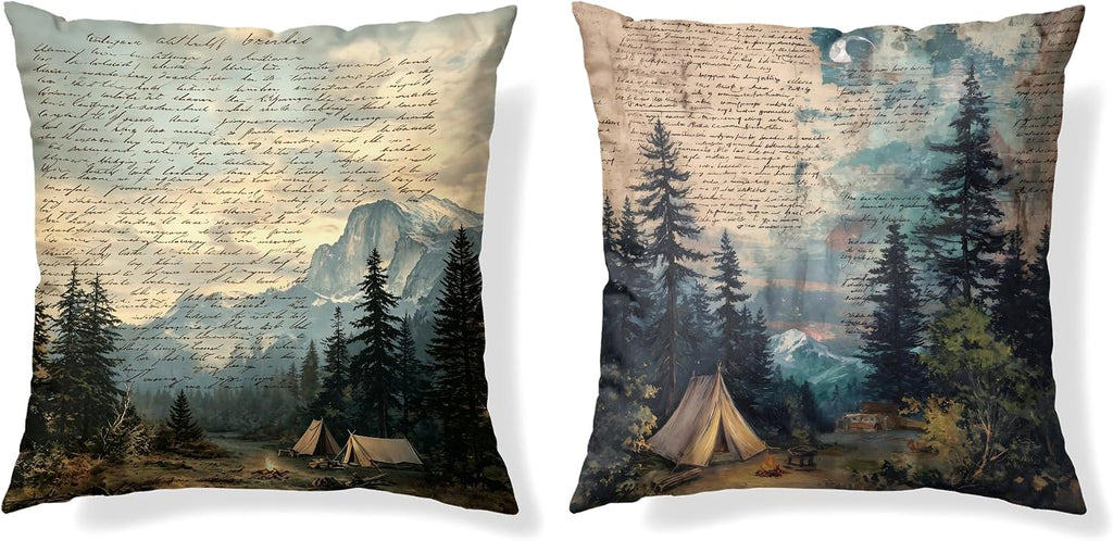 Vintage Camping Forest Throw Pillow Covers 18x18 Set of 2,Camper Gifts for Women Men,Camping Decor Decorations,Vintage Outdoor Adventure Southern Girl Camper Decor Decorations,RV Pillowcase