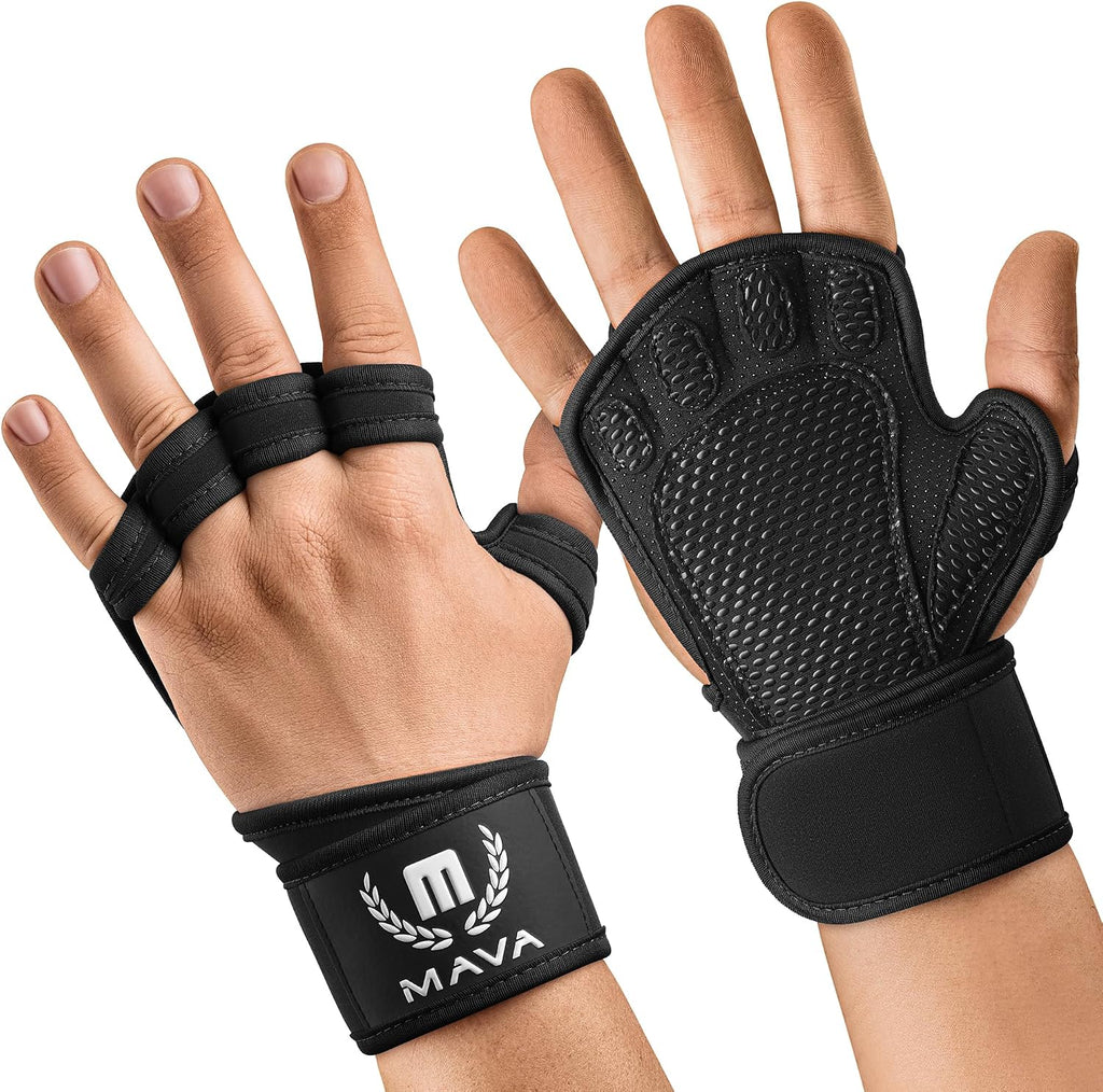 Mava Sports Open Gym Gloves with Integrated Wrist Support – Padded Weight Lifting Gloves for Men & Women – Silicone Grip Fingerless Workout Gloves for Cross Training & Fitness – 1 Pair
