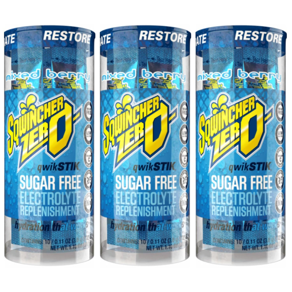 Sqwincher Zero Qwik Stik - Single Serve, Sugar Free, Low Calorie, Low Sodium Electrolyte Replacement Powder Hydration Drink Mix, 0.11 oz Packet | MIXED BERRY - Pack of 30