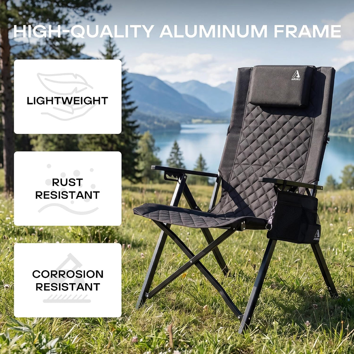 Reclining Camping Chair, Heavy Duty Folding Chairs with 4-Stage Adjustable High Back for Adults, Compact Foldable Outdoor Patio Reclining Chair with Storage Bag (Black, 2 Pack)