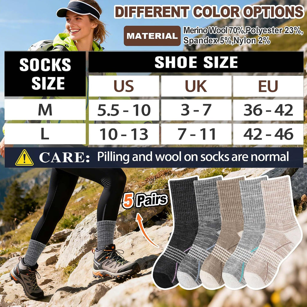 Sandsuced Merino Wool Hiking Socks Thermal Warm Winter Cozy Crew with Cushioned Sole & Moisture Wicking 5 Pairs for Women