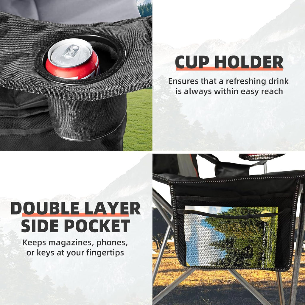 2 Pack Folding Camping Chairs for Adults - High Back Padded Outdoor Lawn Chairs with Lumbar Support & Cup Holder, 400lbs Heavy Duty Portable Camping Chairs Set (Black & Light Gray)