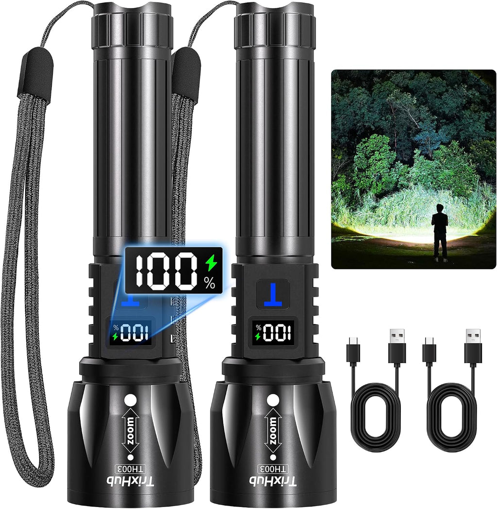 TrixHub Rechargeable Flashlights High Lumens 2Pack, 5Mode Flash Light with LCD Digital Display, Super Bright Adjustable Tactical Flashlight, High Powered LED Handheld Flashlight for Home