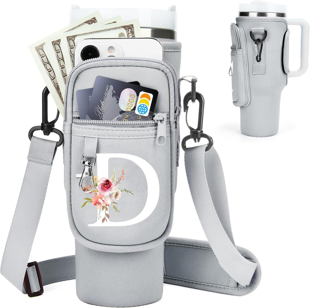 Initial Water Bottle Holder with Strap for Stanley Cup Accessories 40 oz/Simple Modern Tumbler, Birthdays for Women Girls, Water Bottle Carrier Bag with Phone Pocket,Hiking Walking Gym Camping