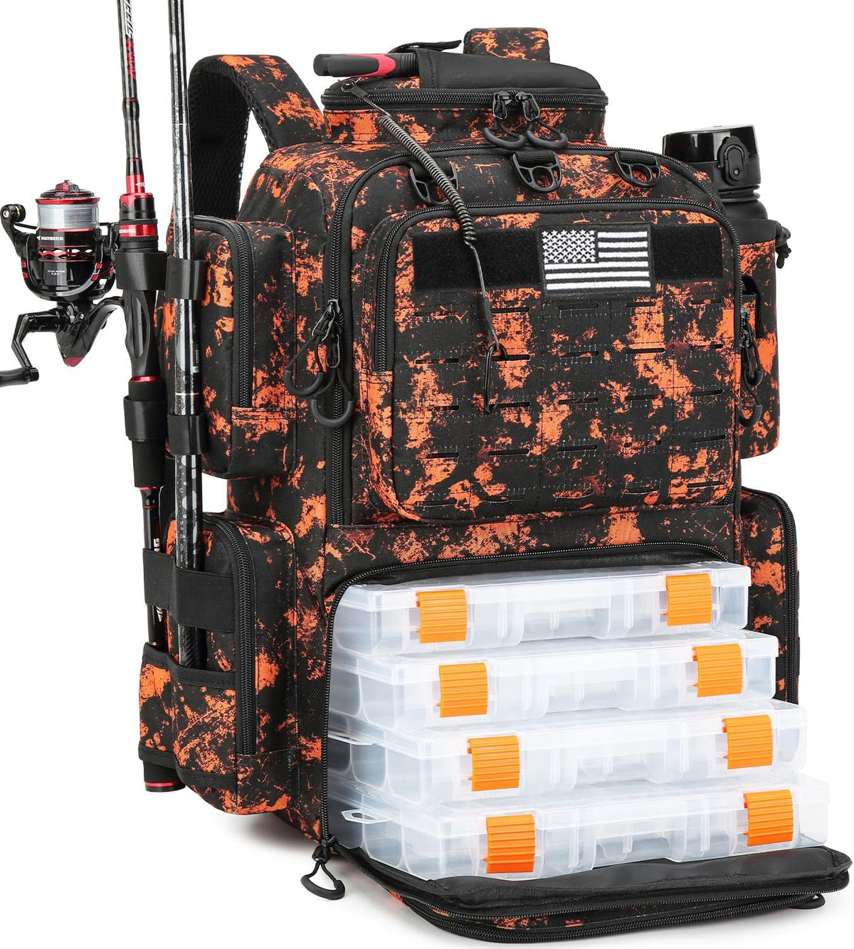 Tactical Fishing Backpack with 4 Tackle Boxes, Rod Holders & Bottle Holder