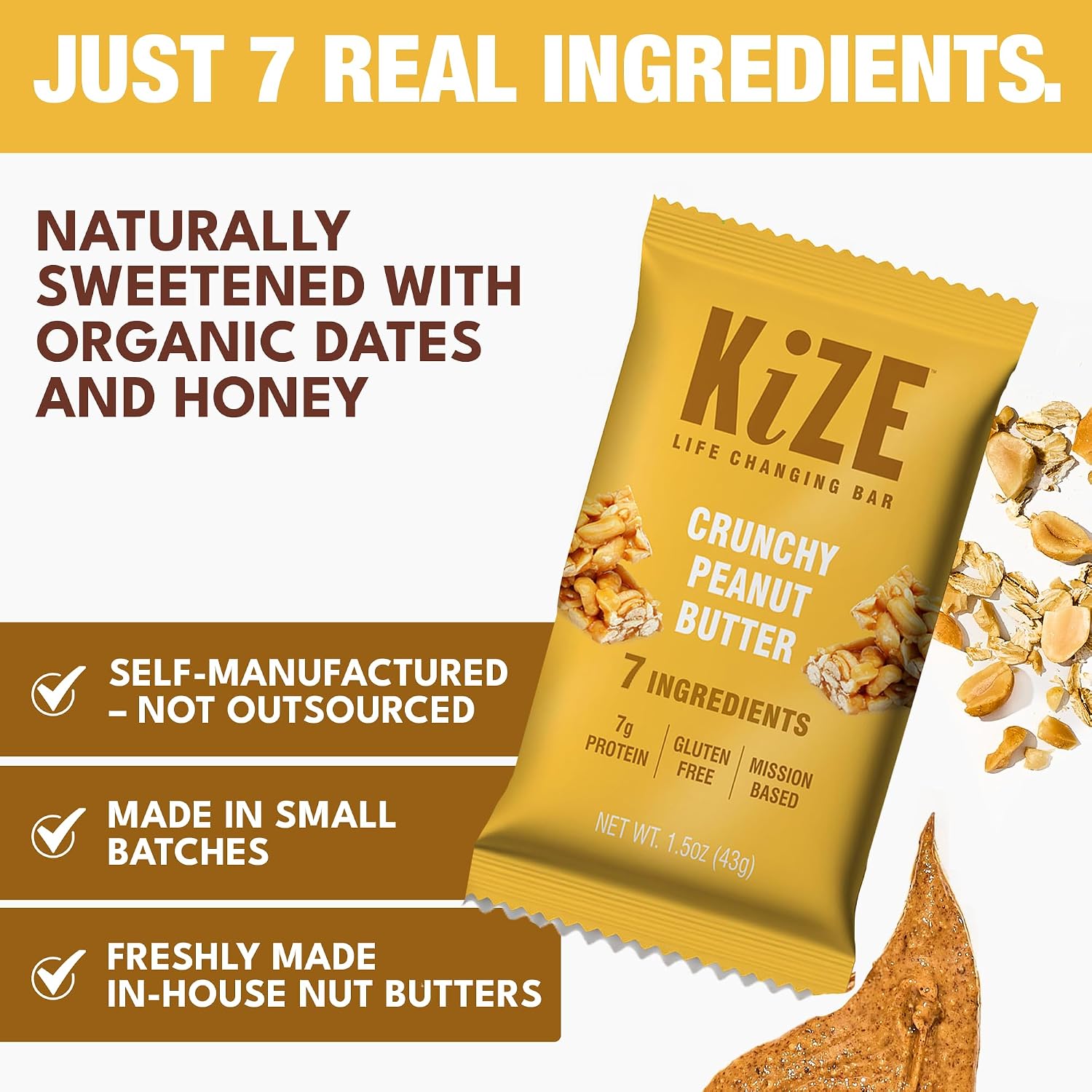 KiZE Energy Bars - Crunchy Peanut Butter - 30-Count - Gluten Free, Dairy Free, Non-GMO, and High Protein Meal Replacement Energy Bars, Clean and Simple Food Ingredients - 7g High Protein Snacks (30 Count)