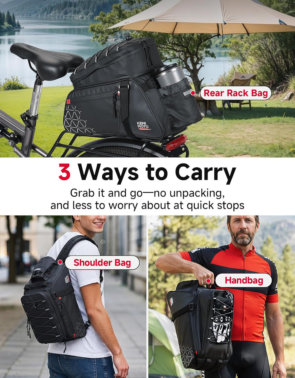 KEMIMOTO Bike Rack Bag 15L Expandable Rear Bike Bags for Bicycle