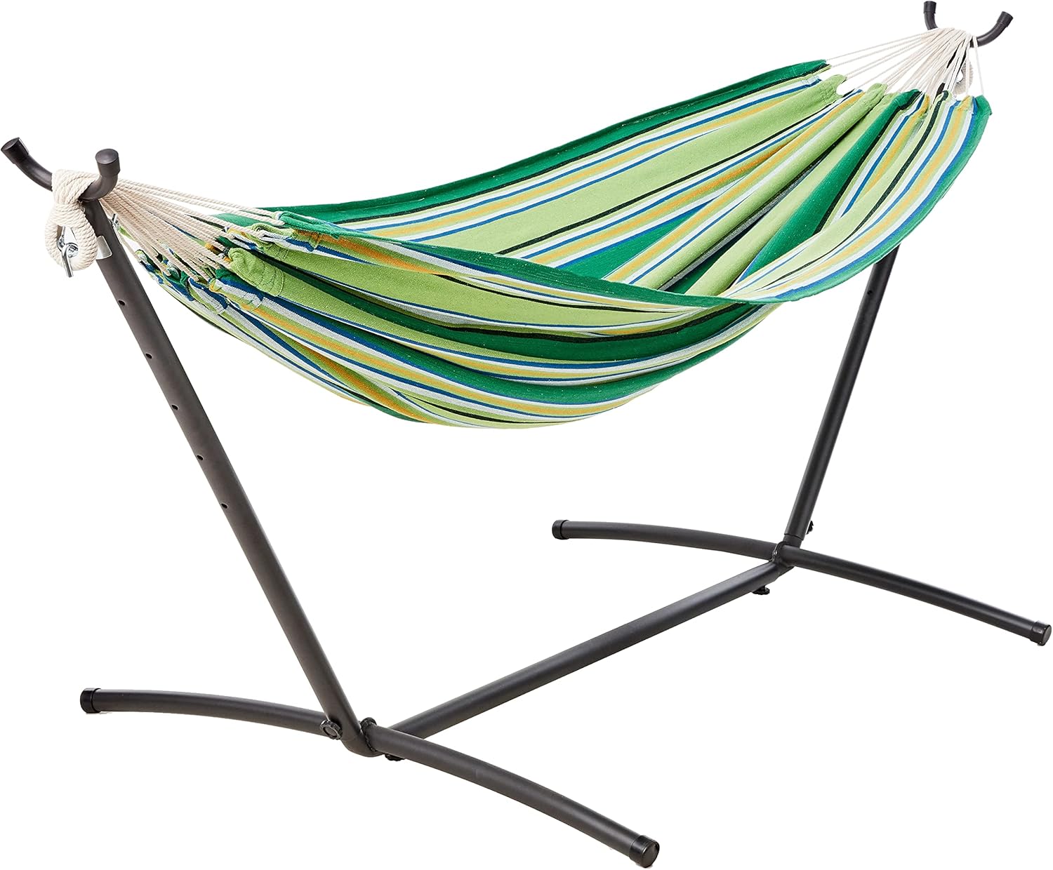 Amazon Basics Double Hammock with 9-Foot Space Saving Steel Stand and Carrying Case, 2 Person, 450 lb Capacity, Cotton Polyester, Oasis Stripe, 110" x 47" x 43"