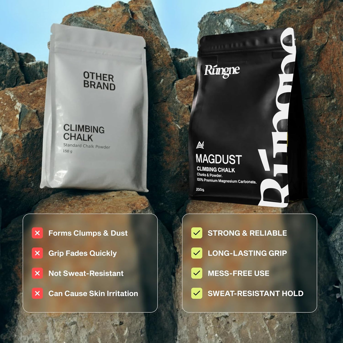 RUNGNE Premium Climbing Chalk - High Performance Chalk for Rock Climbing, Bouldering, Weightlifting & More - Unmatched Grip and Skin Friendly