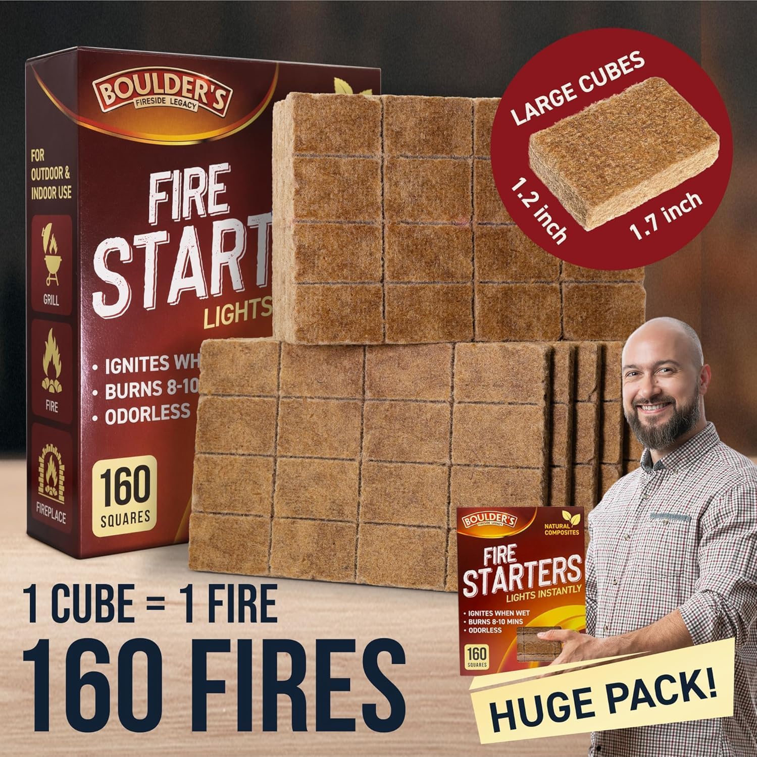Fire Starter Cubes, 160 pcs - Bulk Pack - Firestarter Squares for Fireplace, Fire Pit, Wood Stove, BBQ, Charcoal, Pellets, Logs, Sticks Ignition - Natural, Odorless & Waterproof, Indoor & Outdoor