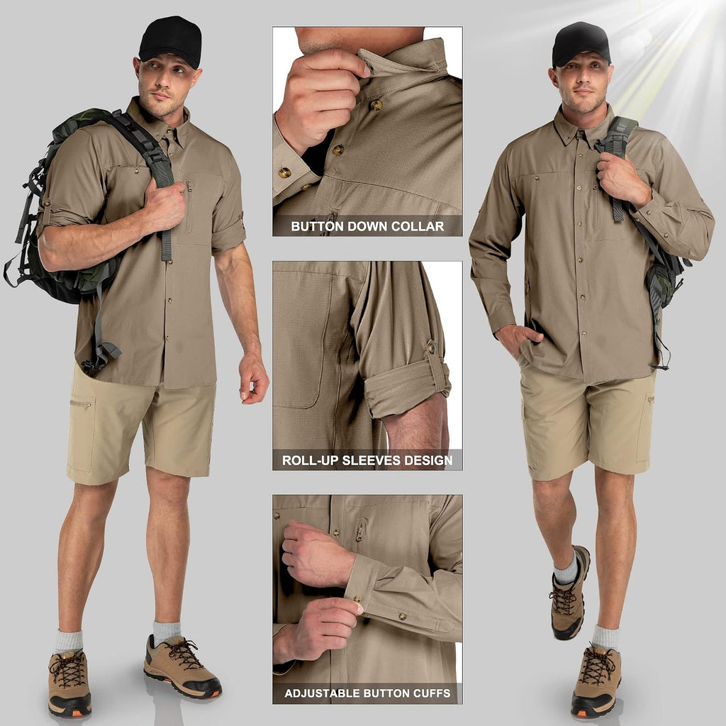 33,000ft Men's UPF 50+ UV Protection Long Sleeve Hiking Shirts Breathable Quick Dry Fishing Shirts for Safari, Outdoor