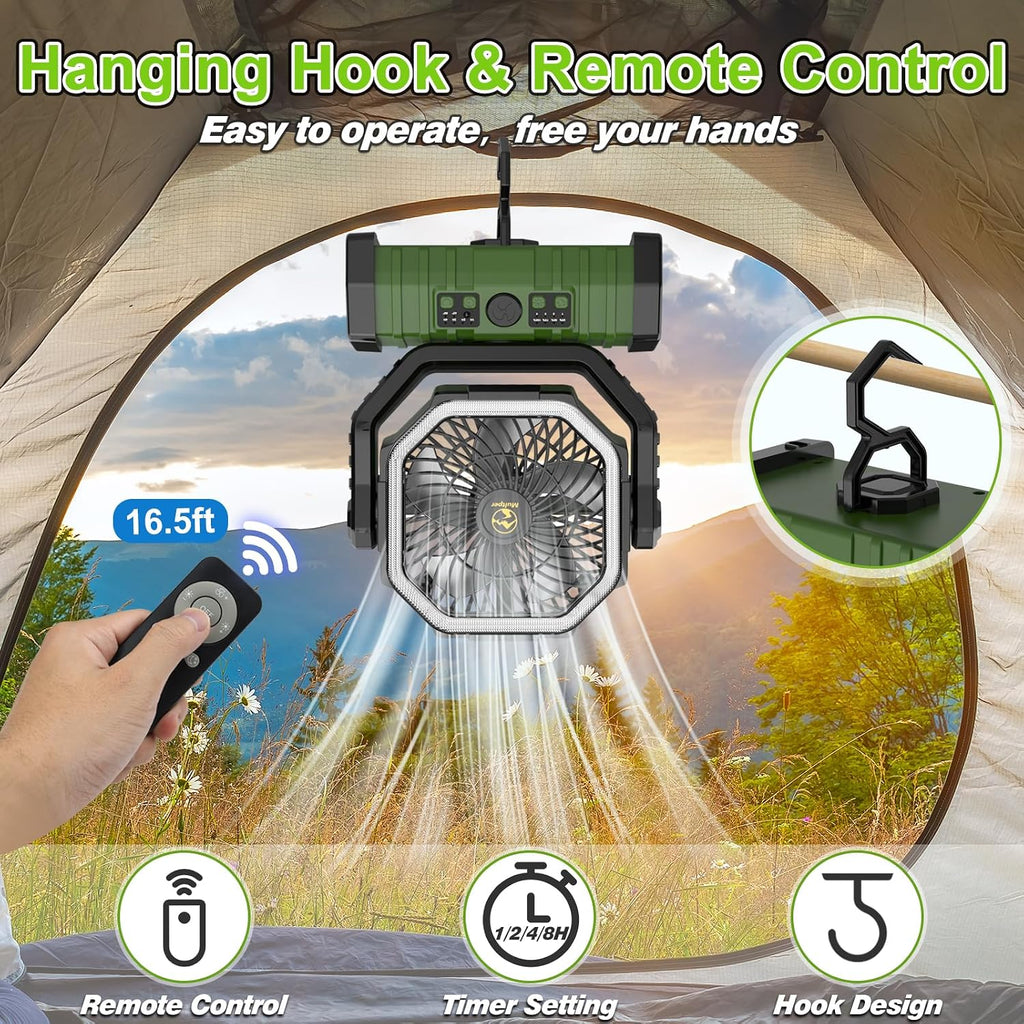 20000mAh Rechargeable Camping Fan with LED Lantern, Battery Powered Fan | Auto-Oscillating Portable Fan with Remote & Hook, 4 Speeds Portable Tent Fan for Travel,Outdoor,Home, RV,Camping Essentials