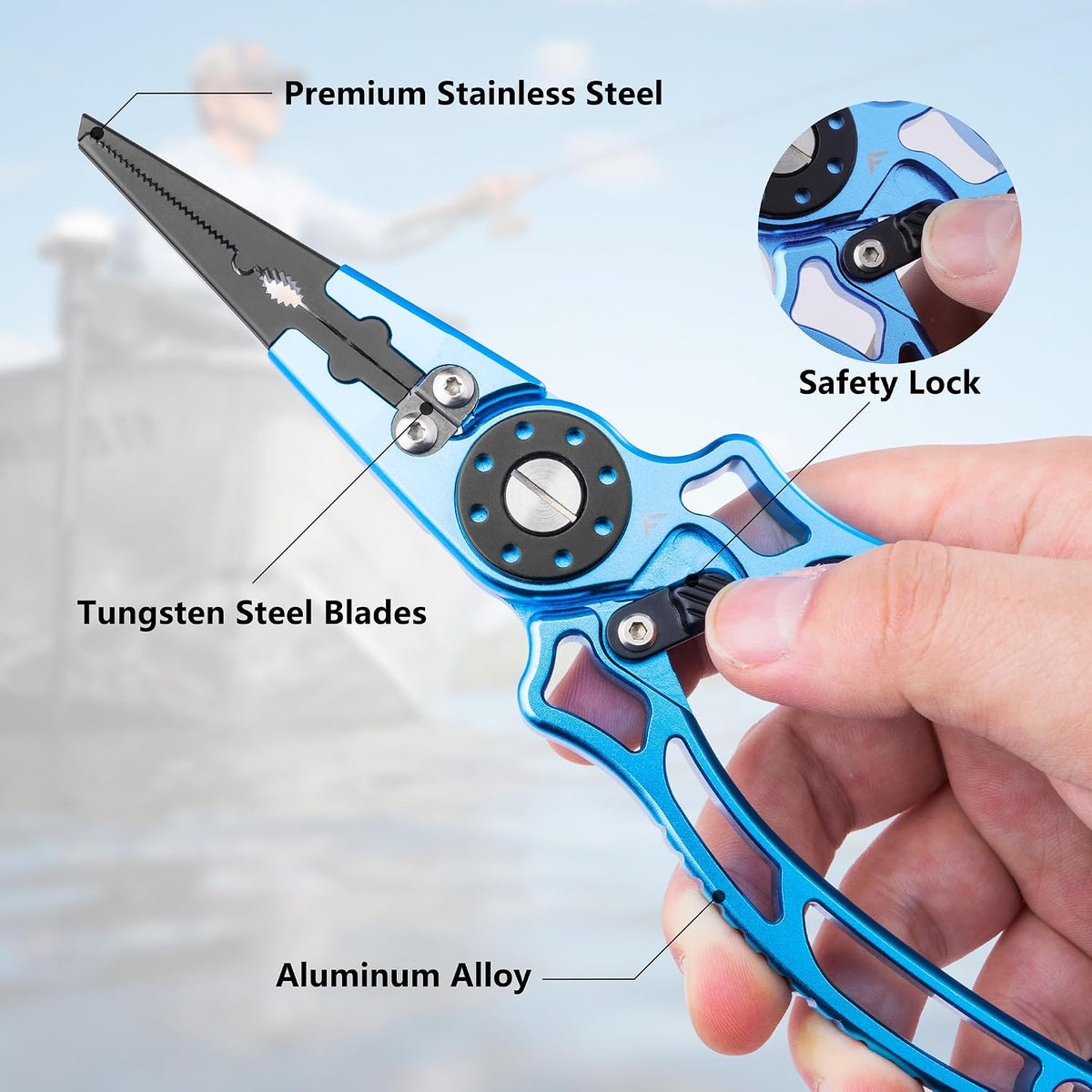 FLISSA Fishing Pliers, Safety Lock Design Fish Pliers Saltwater, Aluminum Hook Remover, Titanium 6Al-4V Jaw and Tungsten Carbide Line Cutters, Sheath & Lanyard, Fishing Gear Gifts for Men