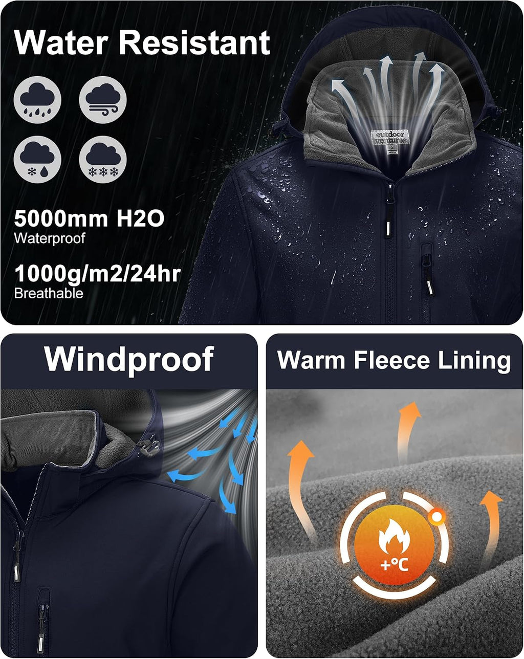 Outdoor Ventures Men's Softshell Jacket Waterproof Fleece Rain Shell Coat