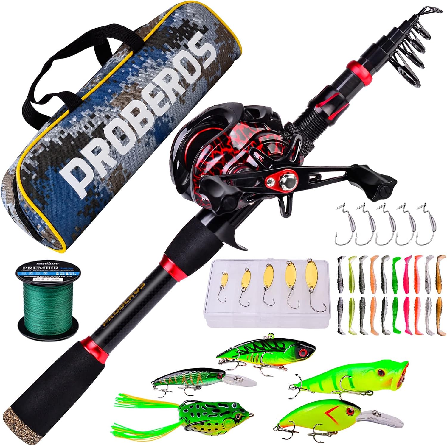 Fishing Rod and Reel Combo, 6.9ft Carbon Fiber Telescopic Fishing Pole with Spinning/Baitcasting Reel Combos, Sea Saltwater Freshwater Ice Bass Fishing Tackle Set Fishing Rods Kit