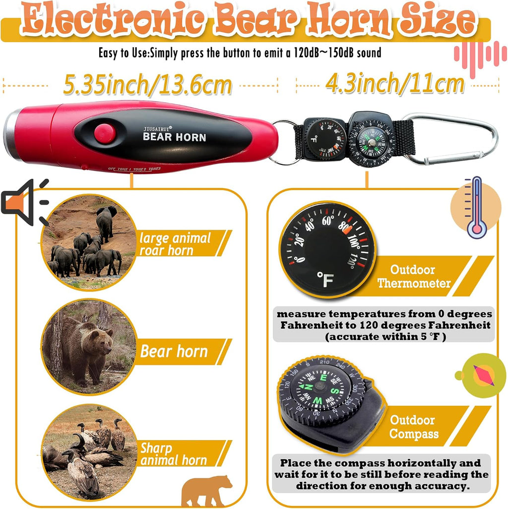 JIUSAIRUI 120dB Electronic Air Horn with Compass & Thermometer- Bear Horn to Scare Bears - Self Defense for Hiking